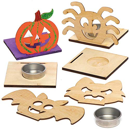Baker Ross AX226 Halloween-Teelichthalter-Set aus Holz, 4 Stück, zum Dekorieren und Präsentieren als Halloween-Dekorationen, ideal für Kunst- und Bastelprojekte für Kinder, Brown