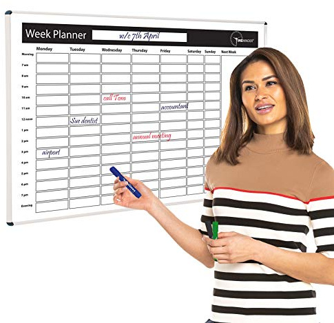 Timeminder Magnetic Drywipe Whiteboard, Week Planner, 90 x 60 cm, Modern Aluminium Frame, Wall Mounted - Ideal for Organiser for Office, Home, School
