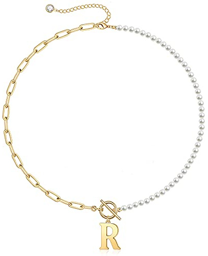 Collar de perlas de oro con inicial para mujer, chapado en oro de 14 quilates, collar de cadena de eslabones de papel, gargantilla con cierre de palanca, collar de perlas delicadas, collar con