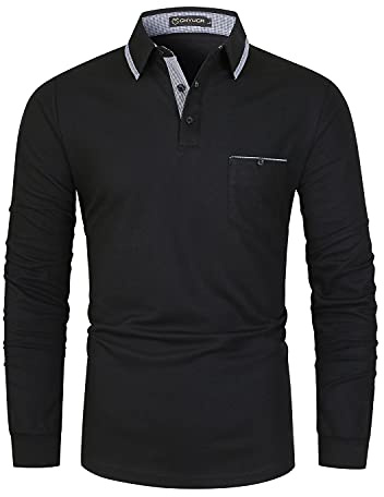 GHYUGR Mens Long Sleeve Polos with Classic Plaid Splice Golf Polo Shirts