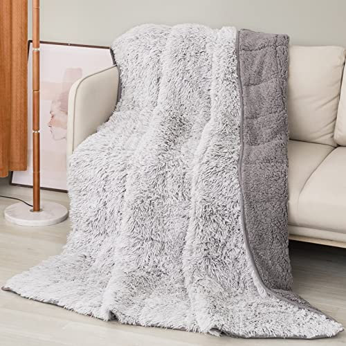 Kunstfell-gewichtete Decke, 6.8 kg, baumwollblau, langes Fell, flauschige Gewichtsdecke, Doppelgröße für Erwachsene, gemütlich, warm, flauschig, Sherpa, wendbar, 122 x 183 cm, Morandi Grau