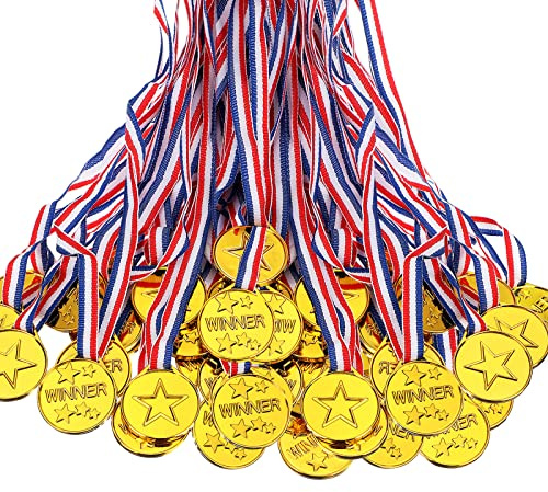 Sotiff 100 Pcs Kids Plastic Winner Award Medals Gold Winner Medals for Parties, Games, Sports, Dress up and More, 1.4 x 1.7 Inches
