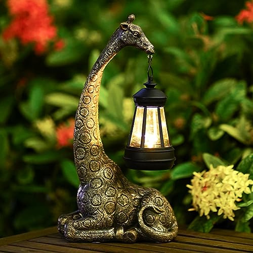 Goodeco Giraffe with Solar Lanterns - 28cm, Outdoor Garden Ornament | Waterproof Resin with Solar Powered LED Lights, Garden Yard Decor, giraffe gifts for women