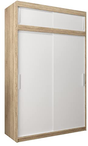 MEBLE KRYSPOL Tokyo 150 Kleiderschrank mit Zwei Schiebetüren für Schlafzimmer – moderner Aufbewahrungsschrank mit Kleiderstange und Regalen – 150x240x62cm - Sonoma + Mattweiß mit Verlängerung