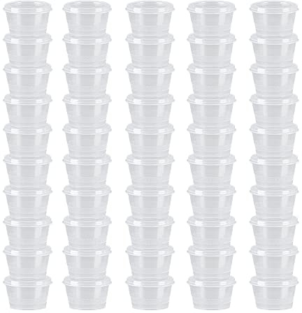 MIUPOO Runde Sauce Becher, Plastik Sauce Becher, Transparente Kleine Soße Schachtel, Mit Scharnierabdeckung, Kann Für Alle Arten Von Saucen, Runde 50 Sätze, 1 Unze Verwendet Werden.