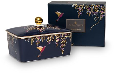 Portmeirion x Sara Miller London Butter Dish - Navy Blue Ceramic Butter Dish with Lid, 22ct Gold Detailing, Suitable Gift for Farmhouse and Kitchen Lovers