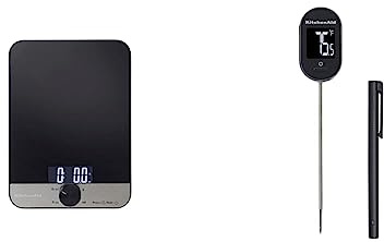 KitchenAid 2pc Digital Kitchen Tool Set, Digital Glass Top Kitchen Weighing Scales & Pivoting Instant Read Digital Thermometer