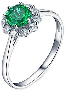 Lieson Hochzeit Ring Damen Weißgold 750 18K, Frauen Ring Verlobung Klassisch Blume 0.5ct Oval Smaragd mit 0.31ct Diamant Freundschaftsringe Weißgold Große 58 (18.5)