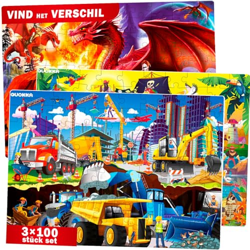 QUOKKA Bodenpuzzles für Kleinkinder - 3x100 Teile - Piraten Puzzles für Kinder im Alter von 4-6 - Spielzeug zum Lernen von Piraten & Konstruktionen & Tiere für 6-8 Jahre - Jigsaw Kleinkind Spiel für