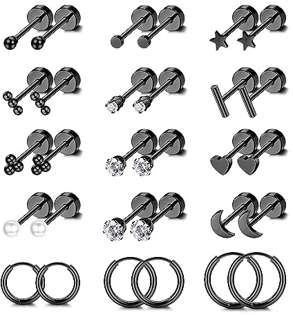 FIOROYAL 15 Paar Ohrstecker Set Kreolen Creolen Ohrringe für Damen 14K Vergoldeter Flat Piercing Ohr Zirkonia Ball Helix Piercings Medizinische Ohrstecker Schwarz für Mädchen