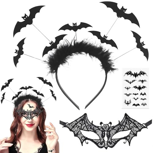 Seasboes Halloween Haarreif Set, Fledermaus Haarreifen mit Glitzereffekt, Halloween Maske Augenmaske Haarschmuck mit Fledermaus Tattoos Aufkleber, Fledermaus Haarband Accessoires für Karneval