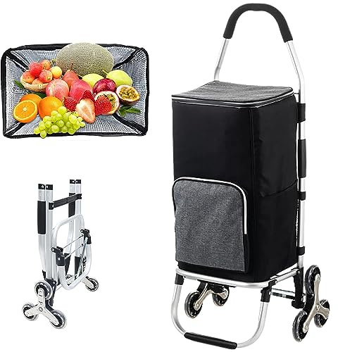 Einkaufstrolley, Faltbarer Einkaufswagen, mit Treppensteiger, mit Kühlfach, Abnehmbare Tasche, Wasserdichter, Max. Belastbarkeit 35 kg (Black)