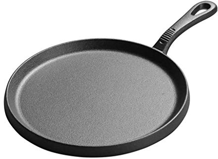 BONOOL Planchas de hierro fundido gruesas de 25cm, sartén para crepé, tortilla, planchas para panqueques, sartén antiadherente para el hogar, plato redondo para barbacoa con un solo mango
