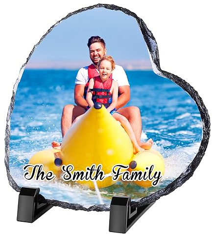 Bilderrahmen aus Schiefer, personalisierbar, mit Ständer, personalisierbar, Geschenk für Thanksgiving, Muttertag, Vatertag, Hochzeit, Geburtstag, Weihnachten (Herz, klein)
