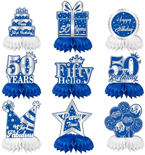 Auliuse Partydekoration zum 50. Geburtstag, Wabenaufsätze, Partydekoration, Partydekoration für Männer und Frauen, zum 50. Geburtstag, Blau/Silber, 9 Stück