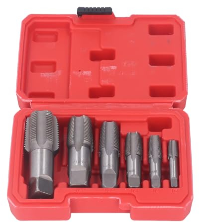 6 Piece NPT Pipe Tap Set, Carbon Steel Accurate Cutting 1in 3/4in 1/2in 3/8in 1/4in 1/8in NPT Tap Set, Practical Thread Tapping Tool Kit with A Storage Box for PVC Pipe