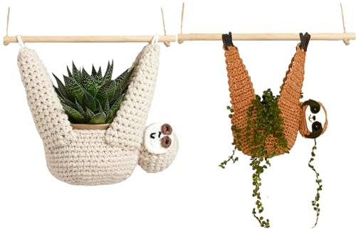 Faultier Pflanzenaufhänger Gehäkelter Faultier Blumenampel Hängeampel Hängende Blumentöpfe Häkel Übertopf Pflanzenhalter Für Innen Außen Balkone Wanddekoration (A+B)