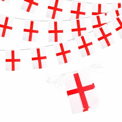 England Wimpelkette 10m 30 Flaggen, Englische Fahnenkette Dekoration für Fußball WM 2026 St. Georgs Tag Olympia Bar Garten Straße Umzug Party Deko Girlande Banner Fanartikel Public Viewing