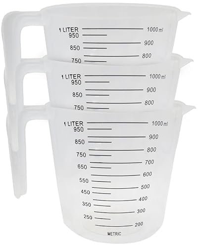 3 jarras medidoras de plástico transparente de 1 litro para hornear cocina con mango apilable, taza para verter y mezclar pintura, resina, epoxi, cocina y hornear