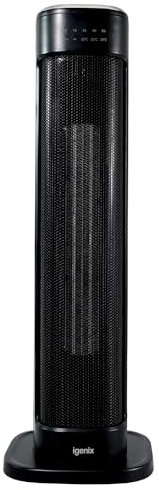 Igenix IGHT020DB Oscillating Tower Fan Heater With 15 Hour Timer and 30 Second Auto Delay Shutdown, 2000 W, 3 Heat Modes, Overheat Protection, Touch Button and Remote Control