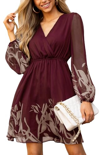 CUPSHE Mini Fall Dress for Women V Neck Floral Long Sleeve Chiffon A Line Casual Cocktail Party Dress Burgundy Floral, L