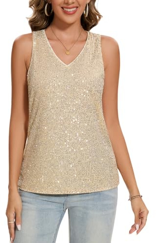 MINTLIMIT Damen Pailletten Metallic Bluse Ärmellos Tank Top Läsiges V-Ausschnitt Oberteil Lose (Golden XL)