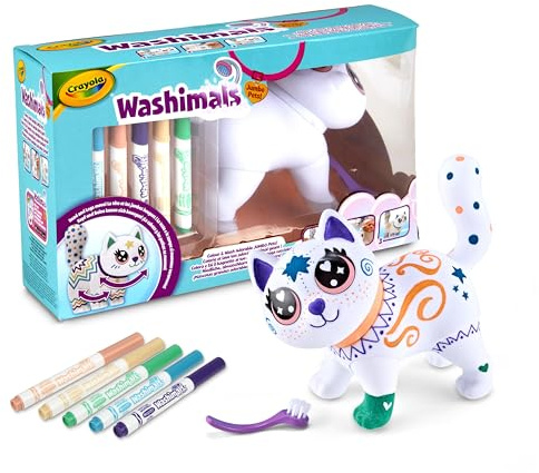 Crayola Washimals Jumbo Pets - Big Jenny, den stora kattungen som du kan måla, bada och måla igen, 15 cm, set med 5 tvättbara tuschpennor och pensel, spel och present för barn från 3 år, 74-7518