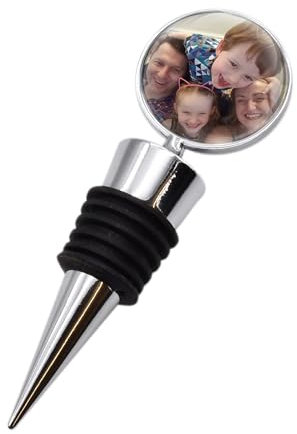 Personalised with Photos Wine Bottle Stopper, Double-Sided Silver Metal, Gift Pouch Included
