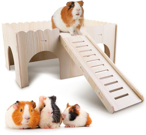 WANDGU Groß Meerschweinchen Haus mit Rampe 4 Eingänge: 38 x 24 x 24 cm Hölzerne Kaninchen Burg, Meerschweinchen Zubehoer Kaninchenhaus, Meerschweinchenschloss Naturbelassenes Massivholz für Ratte