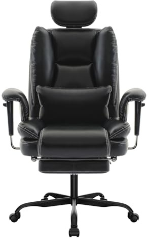 WOTSTA Bürostuhl Ergonomisch 200kg, Computerstuhl mit Lendenwirbelstütze und Fußstütze, Hoher Rückenlehne Ergonomischer Schreibtischstuhl mit Anhebbarer Kopfstütze, Chefsessel Schwarz