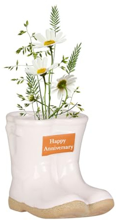 Dibor Ceramic Wellington Boot Planter with Happy Anniversary Plaque (White) | Engraved Plaque, Flower Pot, Drainage Hole, Ceramic Pot, Glazed Finish, Gardening Gift