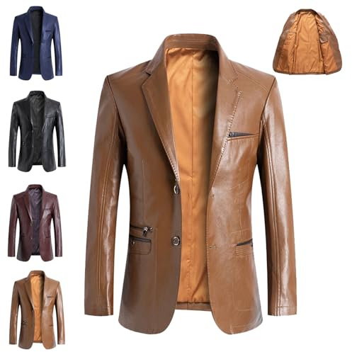 WINDEHAO Blazer de cuero para hombre, piel de cordero real, casual, con solapa, 2 botones, chaqueta delgada para motociclista, chaqueta inteligente para motociclista, marrón, 4XL