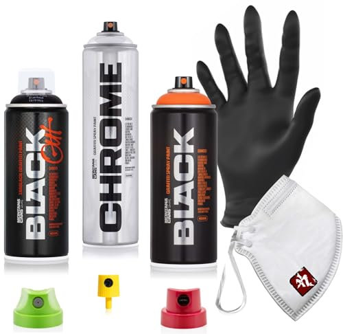 Montana Blackout Sprühdosen Set - 3x Farbspray - Schwarz, Silberchrom, Orange + 1 Paar Nitril Handschuhe + Ersatzcaps + Maske