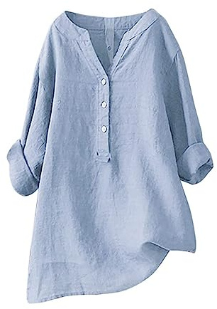 SCBFDI Chemisier Femme Chic et élégant, Chemise Lin Femme 2025 Printemps Eté T-Shirt Manches Longues Col V Bouton Tshirt Couleur Unie Respirant Coton Tunique Grande Taille Pas Cher Turquoise L