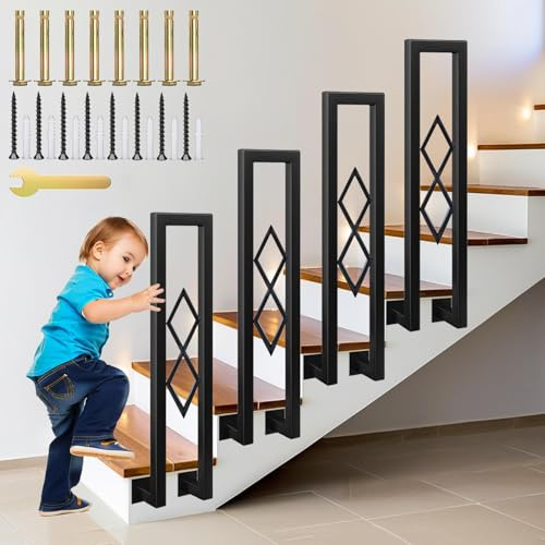 YUJEYHD Barandilla de Escalera en Forma de U, Hierro Forjado Pasamanos con Diseño Diamante, Parapeto Interior para Loft, Balcón, Balaustre Exterior, Instalación Lateral (Negro, 95cm)