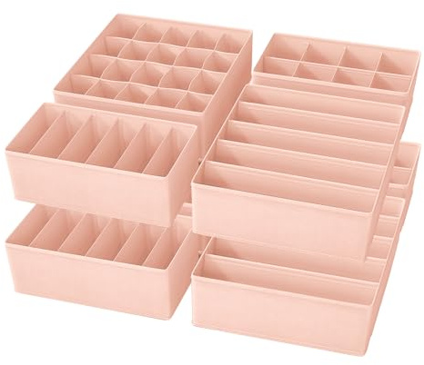Yucch Set of 8 Underwear Organisers - Foldable Fabric Boxes for Drawers with 5/6/8/20 Compartments, Space Saving Organiser System for Bras, Socks and Ties - Pink