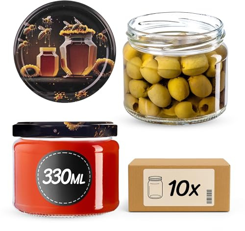 KADAX Lot de 10 bocaux en verre 330ml Ø82 à pois rouges – Couvercle Twist-Off hermétique TO82 – Pour confitures, conserves, cornichons, miel & fermentation