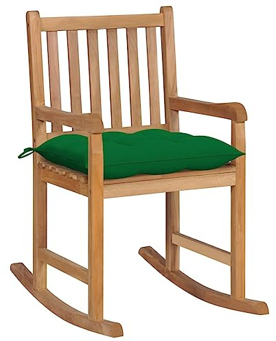 Mecedora de Exterior con Cojín, Silla Mecedora de Teca Maciza con Estructura Resistente, Diseño Ergonómico y Apilable, Sillón Balancín para Jardín o Terraza, Color Verde, 58 x 92.5 x 106 cm