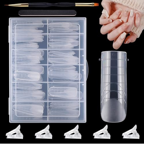 VEGCOO 120 Pièces Faux Ongles Conseils de Extension, 12 Tailles Clear Système de Formes D'ongles, Capsule Americaine Ongle, Nail Tips Clip, Brosse à Ongles à Double Extrémité et Lime à Ongles (Carré)