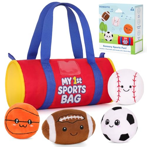 HOMQYTE My 1st Sports Bag Plush Toy Playset with Soft Stuffed Balls, Basketball Baseball Football Soccer Ball Plush, Sensory Baby Toys for Toddlers Boys Girls (Sports Bag)