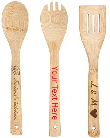 Personalised Bamboo Cooking Sets, Custom Engraved Pattern, Name & Text Wooden Kitchen Utensils, Non-Stick Kitchen Tools Baking Gift for Housewarming Wedding Birthday, Chef Foodie (Bamboo Spoon Set)