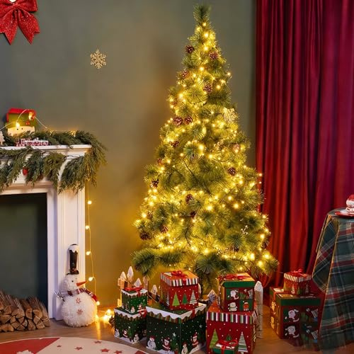 Aigostar Albero di Natale Artificiale da 180 CM,con Catena di Luci LED da 18 M,8 Modalità di Illuminazione,300 LED Bianco Caldo,Rami Ago di Pino con Pigne,Verde,Include Supporto in Metallo.