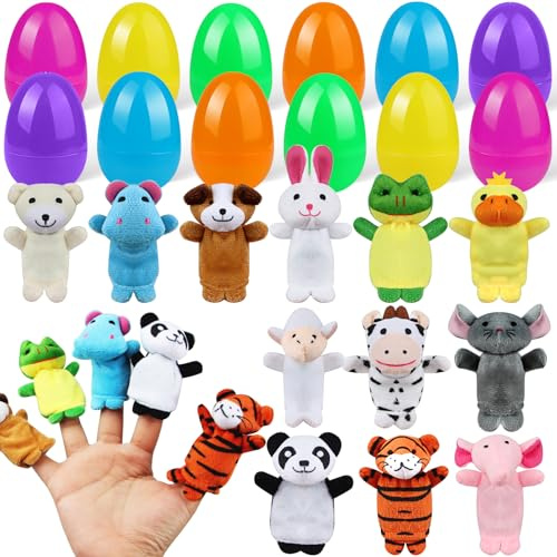 12 Stück Ostereier gefüllt mit Spielzeug, Vorgefüllte ostereier mit Cartoon Tier Fingerpuppen für Kinder zur Ostereiersuche, Füllmaterial für Osternester, Gastgeschenke und Preise im Klassenzimmer