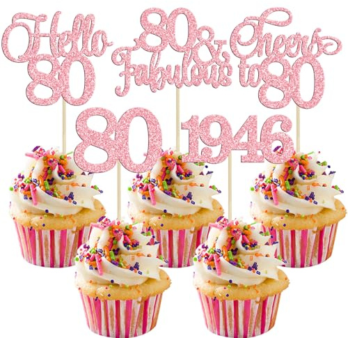Gyufise 30Pcs 80th Birthday Cupcake Toppers 80 Fabulous Cupcake Picks Cheers to 80 1946 Cake Decorations for Happy 80th Birthday Wedding Anniversary Party Decoration Supplies Pink
