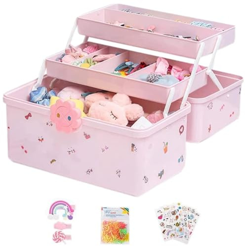 dowuiii Scatola portaoggetti per accessori per capelli per bambini, colore rosa, portagioie a 3 strati, per elastici per capelli