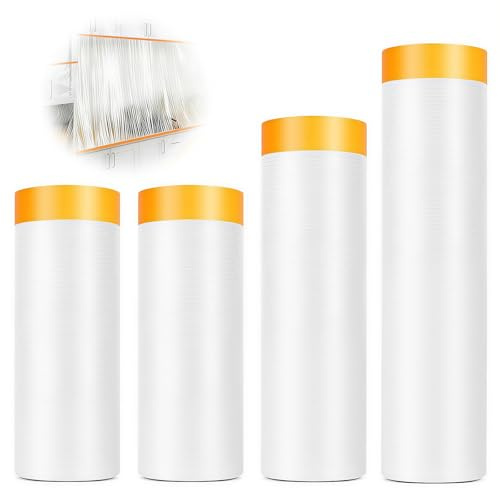 4 rollen abdeckfolie mit klebeband, 110+150+200+270cm selbstklebende malerfolie, 80m goldband masker tape, abdeckfolie klebeband für schützen sie möbel, fahrzeuge und wände vor staub und farbspritzern