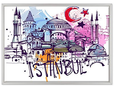 Bild auf Leinwand Canvas – Gerahmt – fertig zum Aufhängen – Istanbul Türkei Illustration – Position Abstrakt Digital Dimensione: 50x70cm B - Colore Bianco Moderno