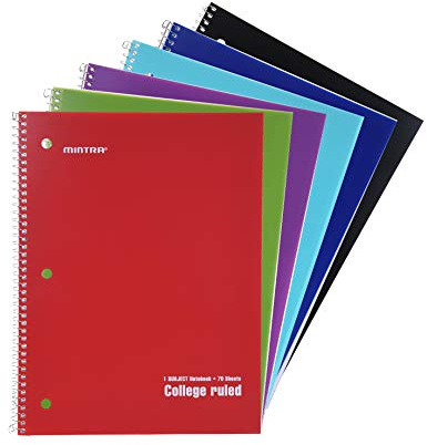 Mintra Office Spiral Notebooks - 1 Subject, 70 Sheets, College Ruled, 8in x 10in, Bulk Pack, PRIMARY Color Covers, Set of 6 - for School, Office, Business, Professional (4657)