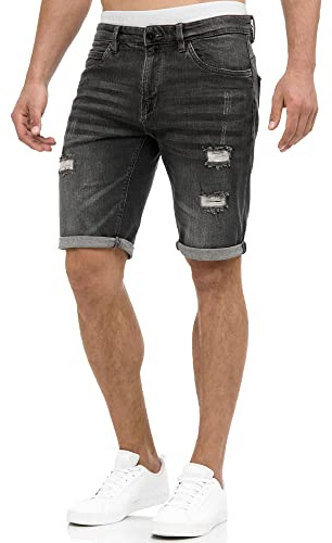 Indicode Herren Caden Jeans Shorts mit 5 Taschen | Herrenshorts Used Look für Männer Holes - Dk Grey, M