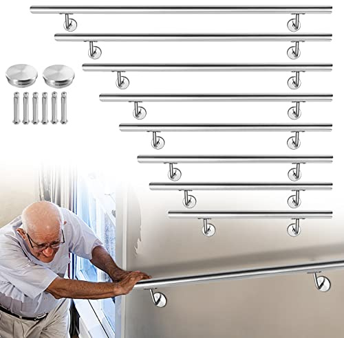 LARS360 Corrimano in acciaio inox, 200 cm, esterno interno da parete, parapetto, ringhiera per scale, Ø 40 mm, con supporto a parete e tappi terminali (200 cm, argento)